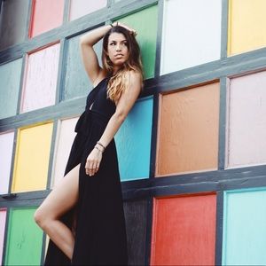 blue open back high slit dress